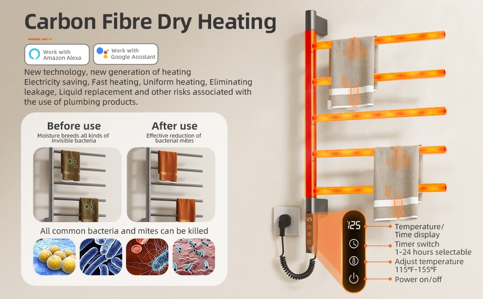 SIOYIE Smart Rotating Heated Towel Rack For Bathroom, Wall-Mounted Electric Towel Dryer With Swivel Bars, Smart Timer, Low Carbon Steel, IPX5, Plug-in/Hardwired, Towel Warmer With Wi-Fi App ControlW_voghion.com